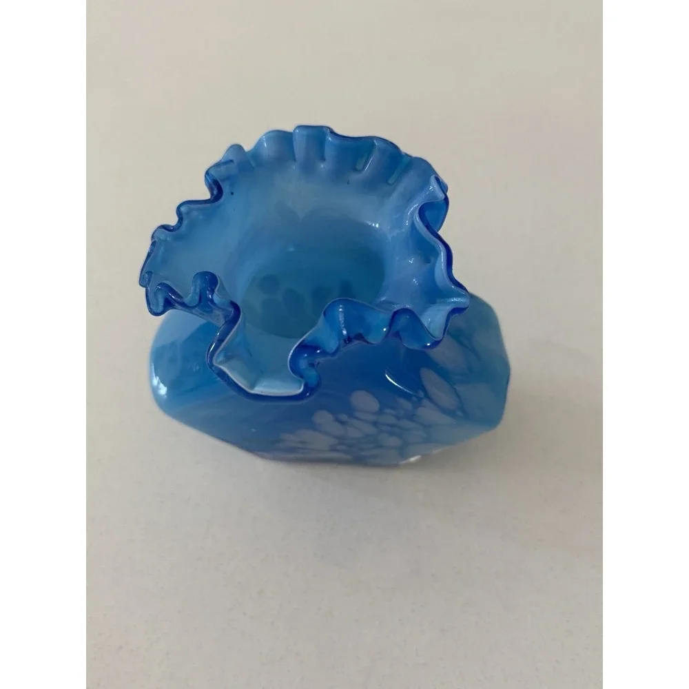 Vintage Handblown Splatter Vase‎ Ruffled Bright Sky Blue White Accents